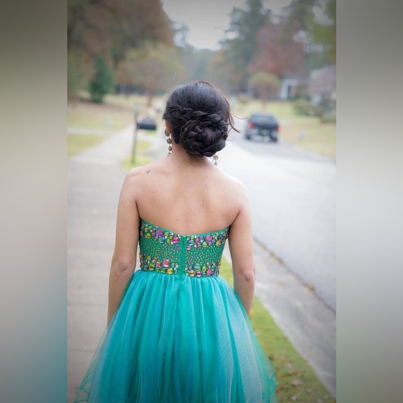 Tony Bowls Homecoming TS11385 Turquoise Size 0 Dress W/ Earrings Strapless - Picture 2 of 11